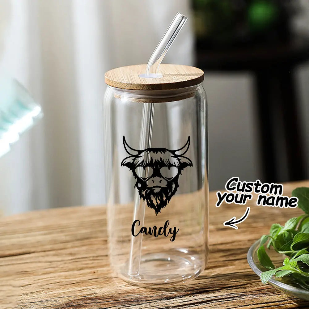 Personalized Highland Cow Tumbler with Name Clear Can Glass Gift for Highland Cow Lovers