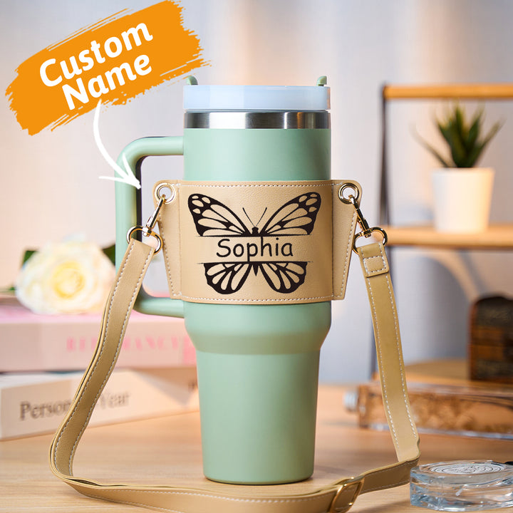 Personalized Butterfly Water Bottle Carrier Bag for 40oz Stanley Tumbler with Adjustable Strap Gift for Women