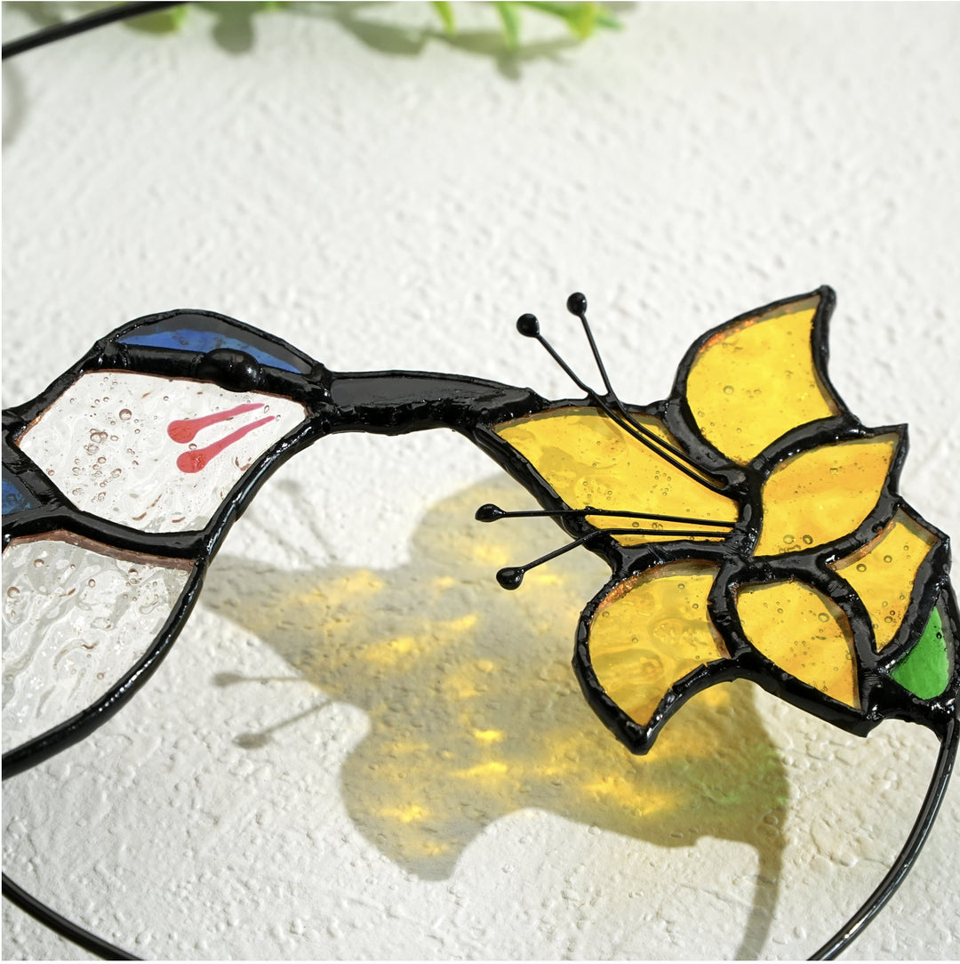 Blue Glass Bird Suncatcher with Yellow Flower Window Decor Handmade Gift