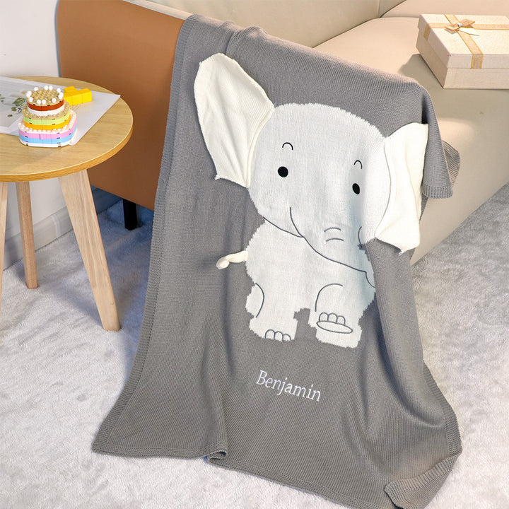 Personalized Baby Blanket Knitting Blanket Grey Elephant with Name Gift for Baby