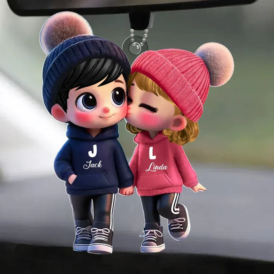Personalized Name Hoodie Style Acrylic Car Hanger Cute Couple Kissing Moment Valentines Gift for Boyfriend & Girlfriend Ghristmas Gift
