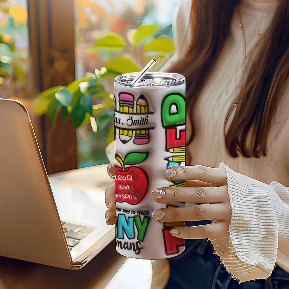 Personalized 3D Inflated Effect Apple Pencil Rainbow Design 20oz Skinny Tumbler Lid and Straw Back to School Gift for Teacher