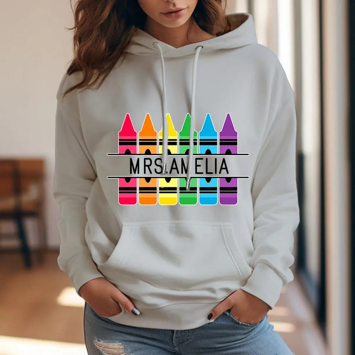 Personalized Crayon Hooded Sweatshirt Teacher Custom Name Hooded Sweatshirt Back to School Gifts