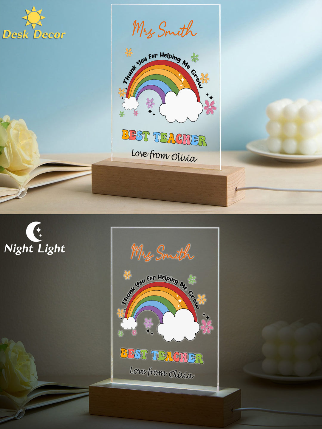Custom Name Back to School Transparent Night Light with Rainbow Design White Light Teacher's Day Gift
