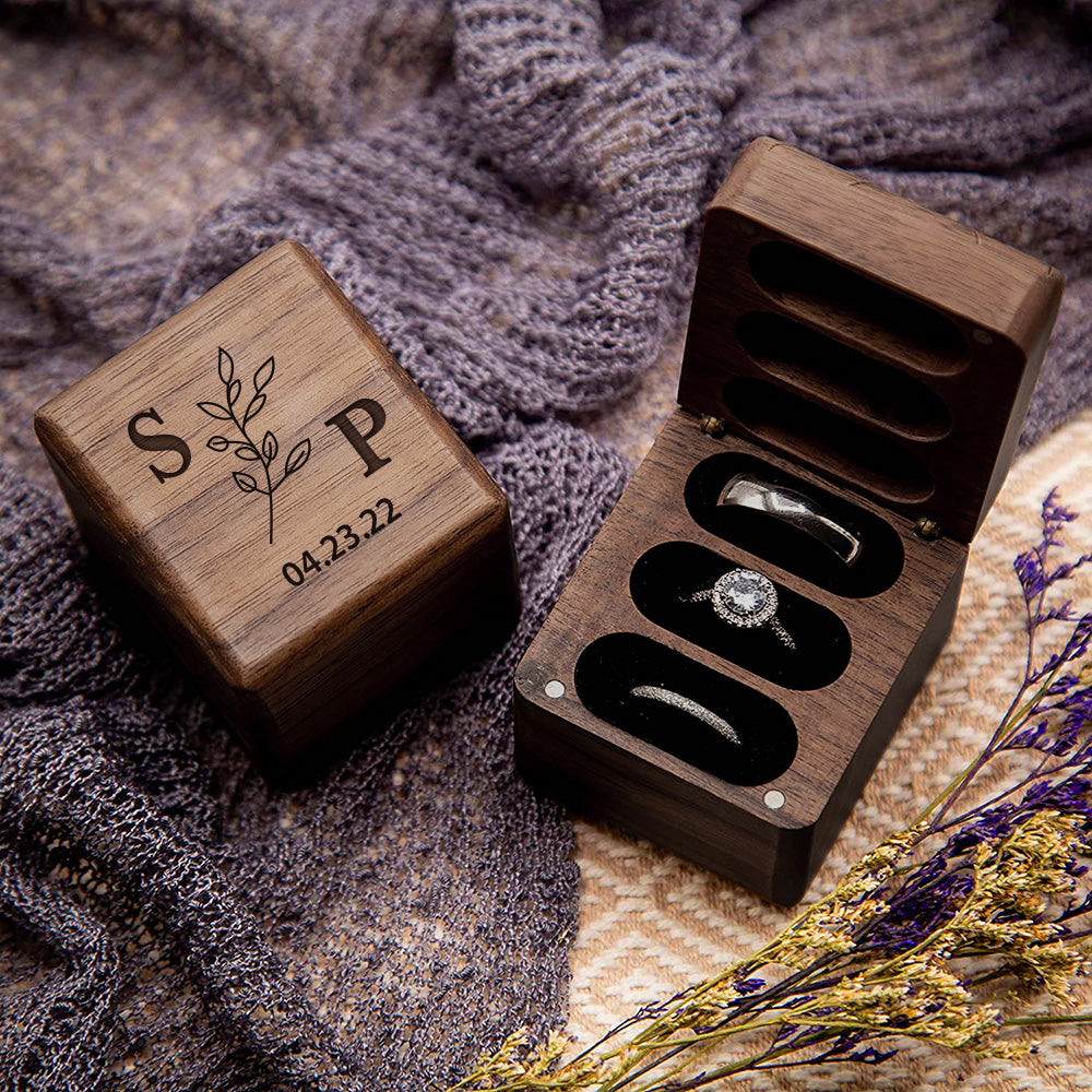 Personalized Triple Slot Ring Storage Wedding Engagement Proposal Wood Ring Box