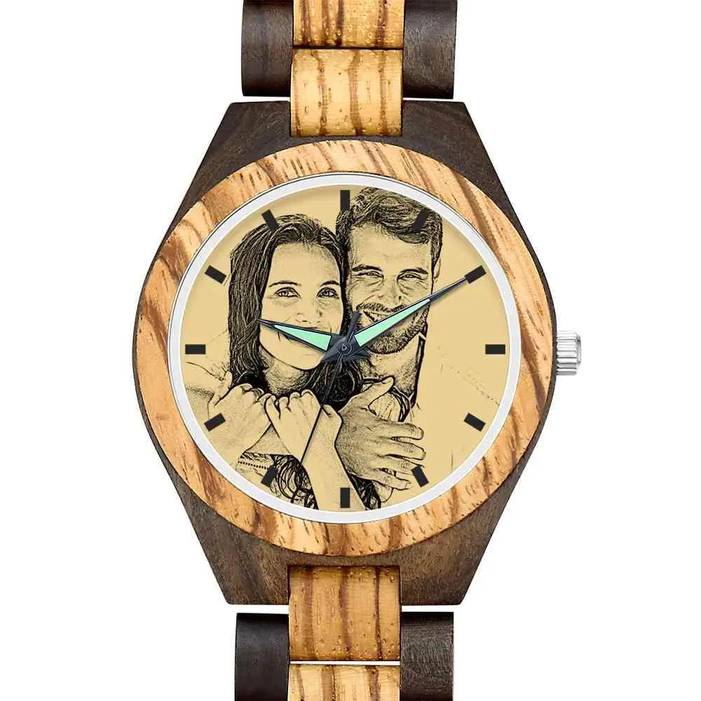 Custom Photo Engraved Wooden Men's Watch Wooden Strap 45mm