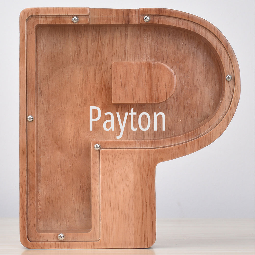 Custom Engraved Name Oak Wooden Letter Piggy Bank
