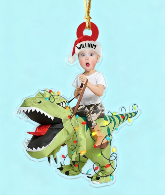 Custom Face & Name Dinosaur Christmas Ornament – Personalized Christmas Gift for Kids