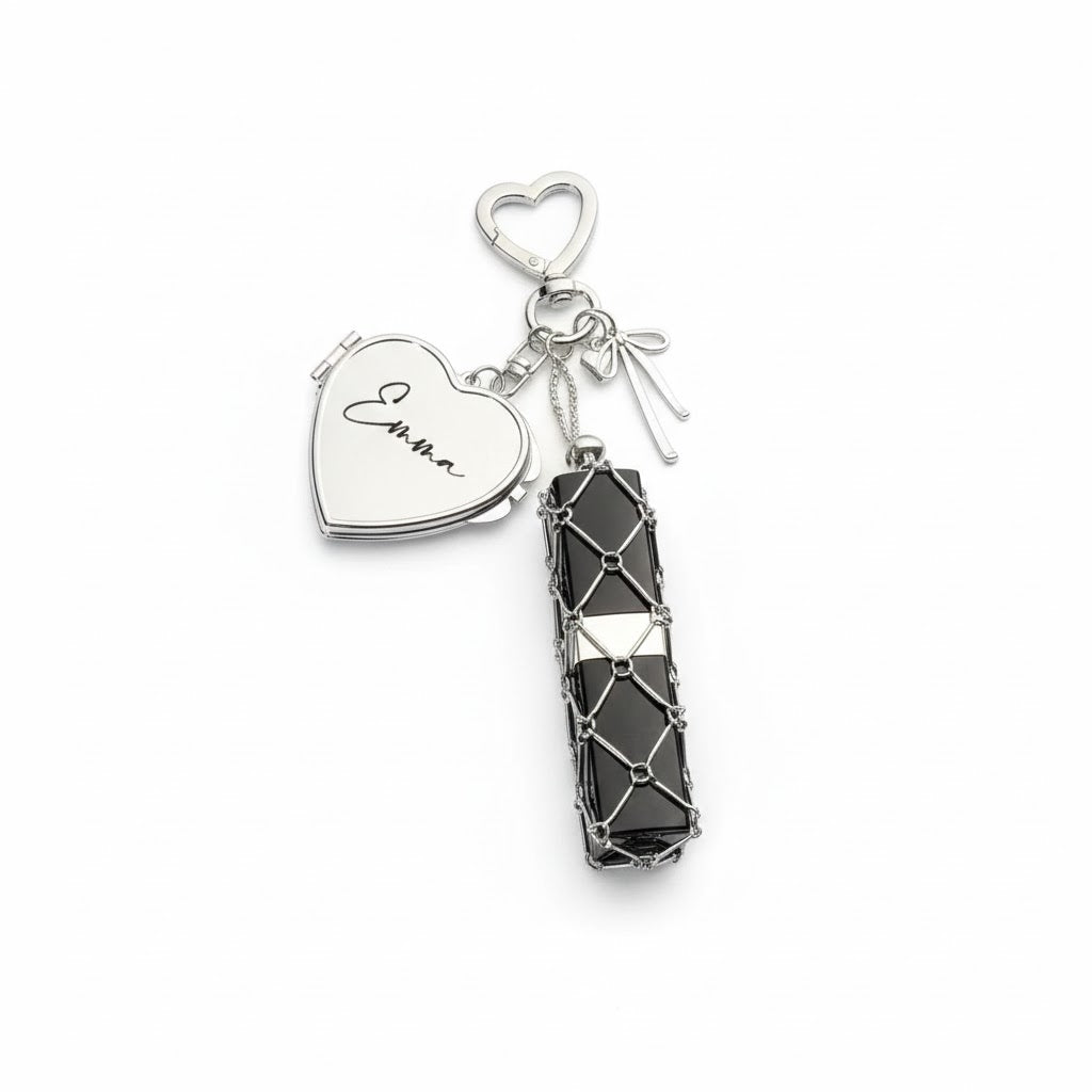 Personalized Text Lipstick Keychain with Mirror Metal Makeup Bag Charm Valentine's Day Gifts