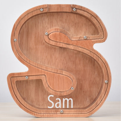 Custom Engraved Name Oak Wooden Letter Piggy Bank