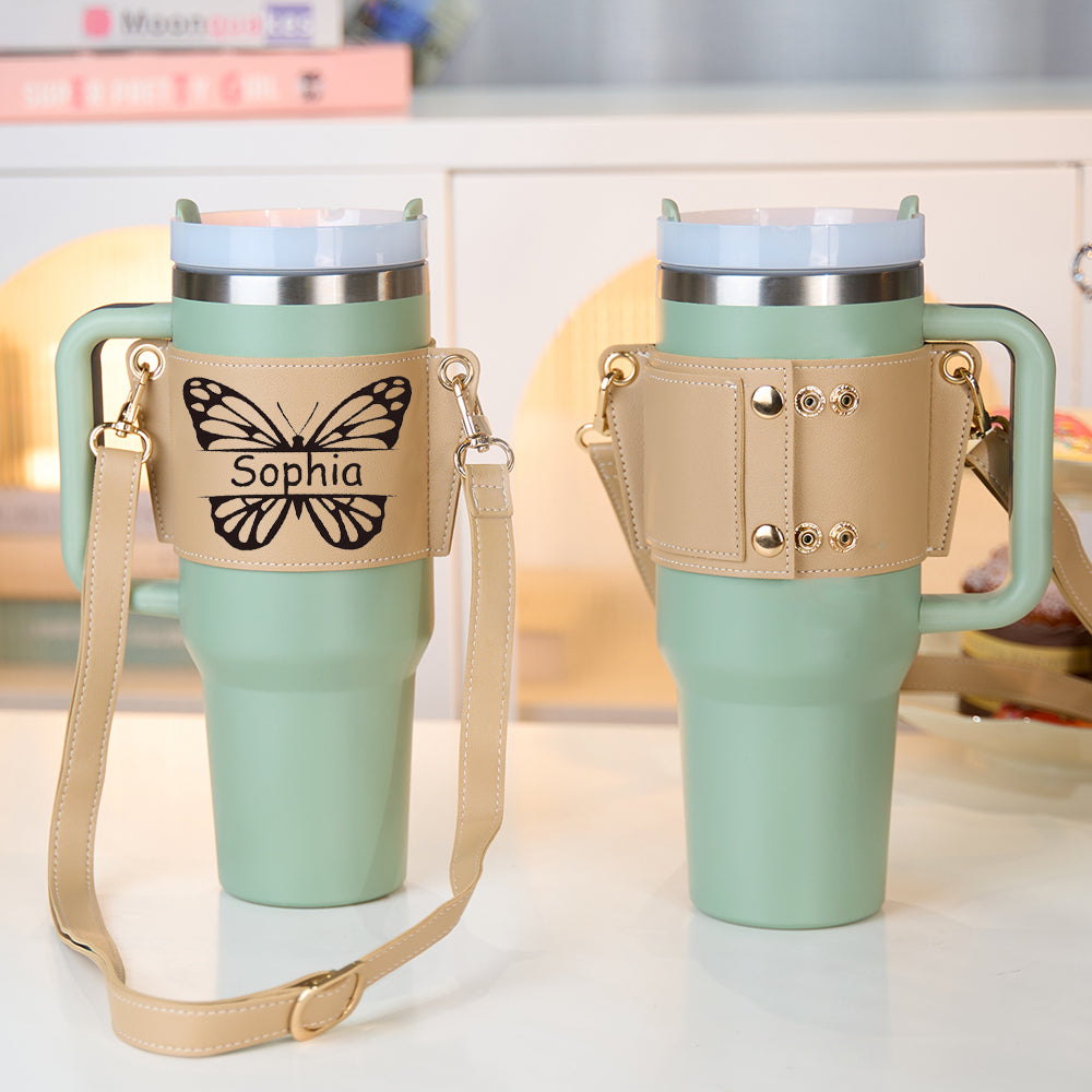 Personalized Butterfly Water Bottle Carrier Bag for 40oz Stanley Tumbler with Adjustable Strap Gift for Women