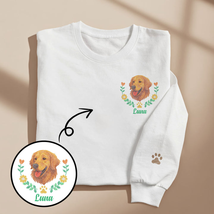 Custom Embroidered-Style Pet Sweatshirt – Personalized Pullover with Pet Name & Wreath