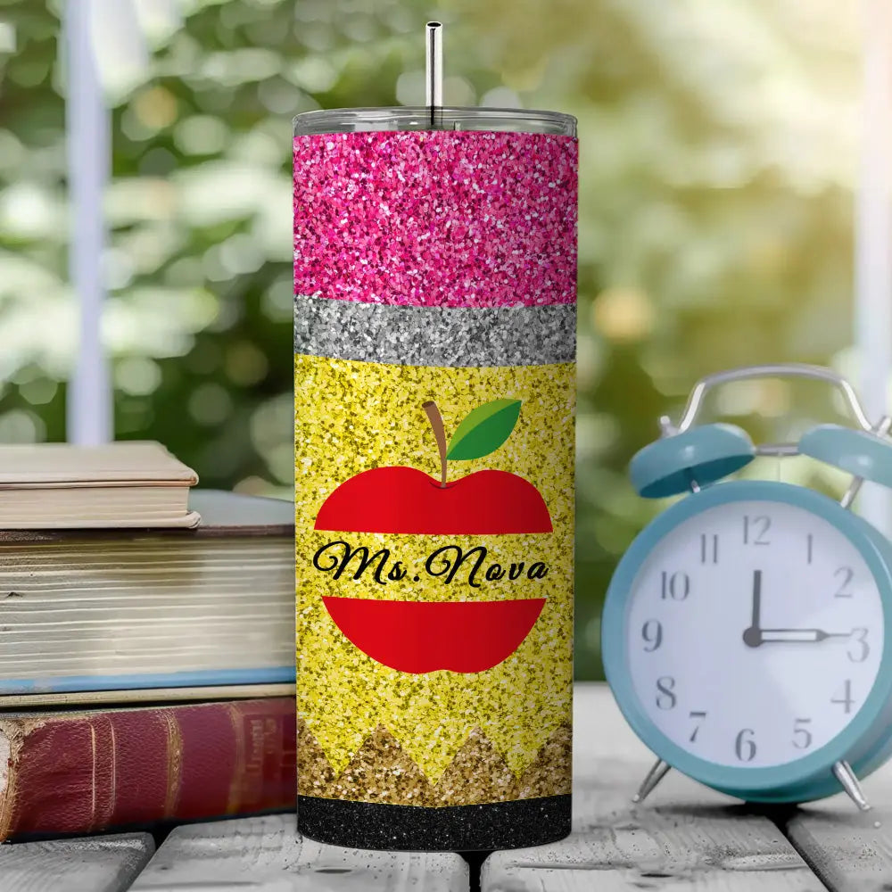 Personalized Glitter Apple 20oz Skinny Tumbler with Straw Back to School Appreciation Gift for Teacher