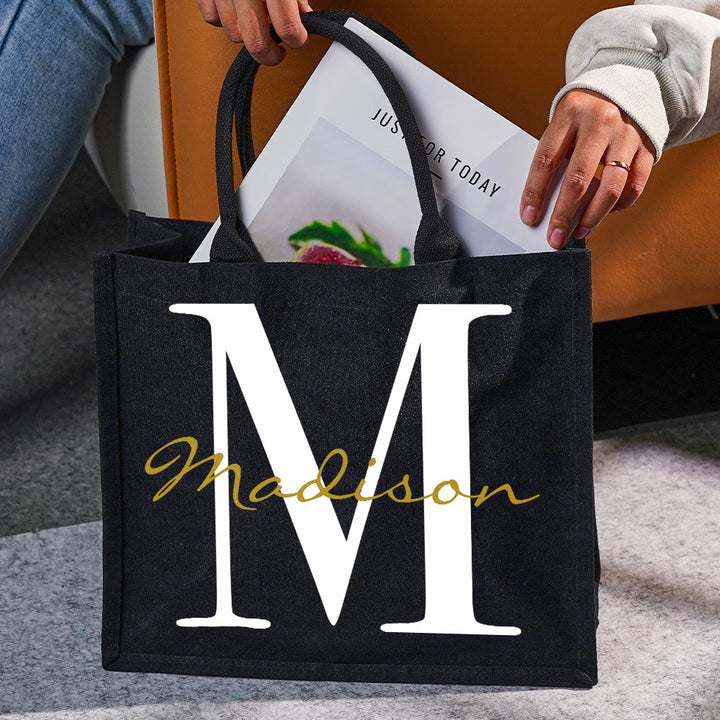 Personalized Black Canvas Bag with Name and Initial Birthday Wedding Party Gift for Women