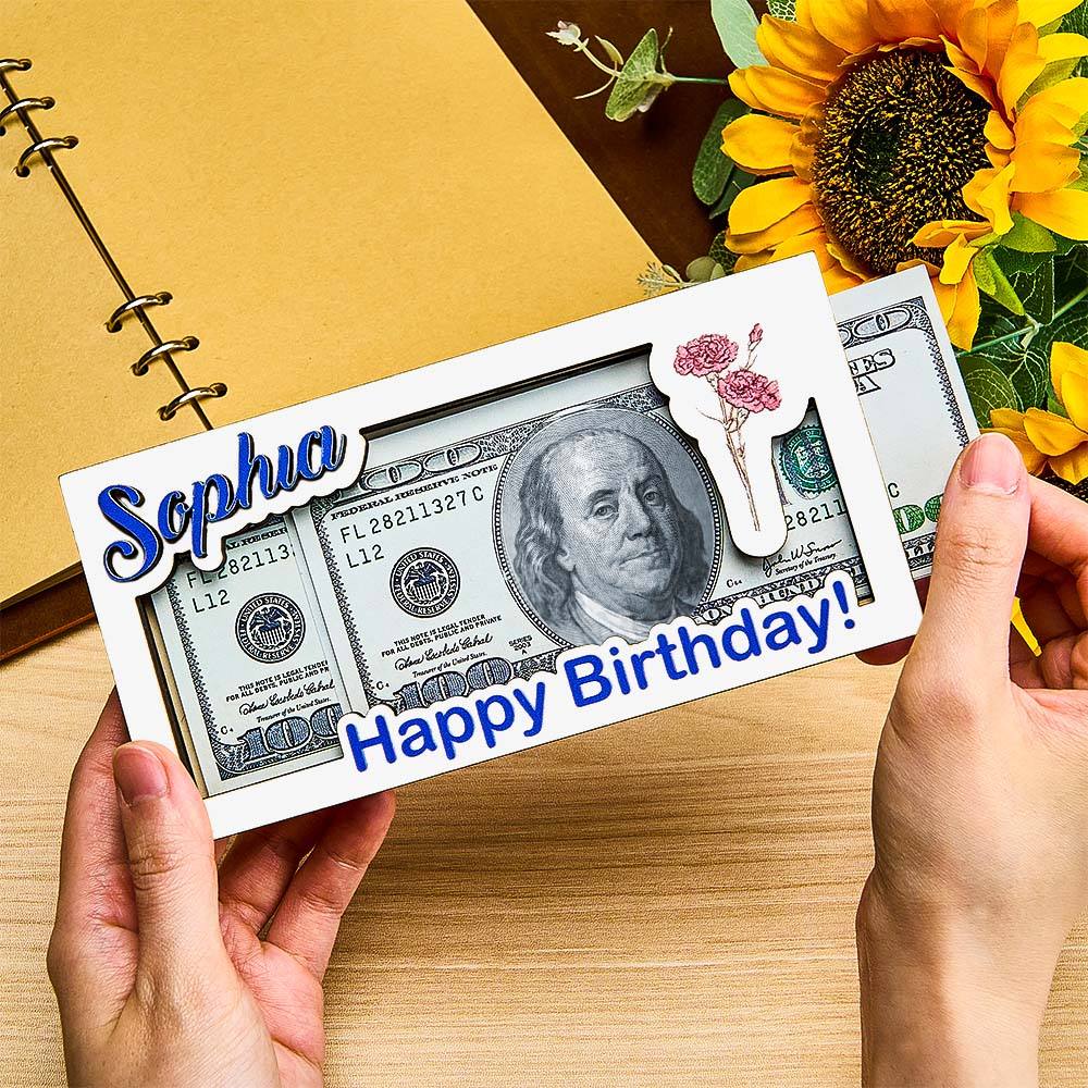 Custom Name & Text Birth Flower Wooden Money Box - Personalized Storage