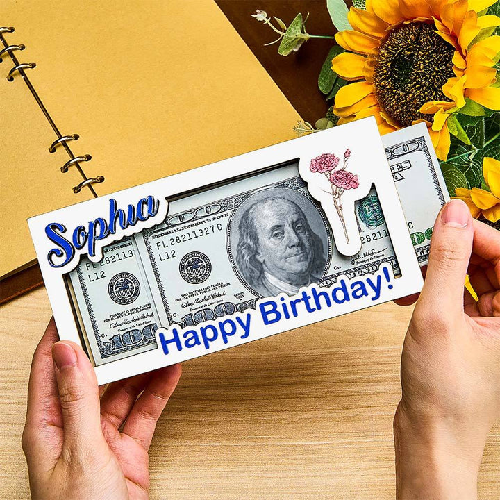 Custom Name & Text Birth Flower Wooden Money Box - Personalized Storage