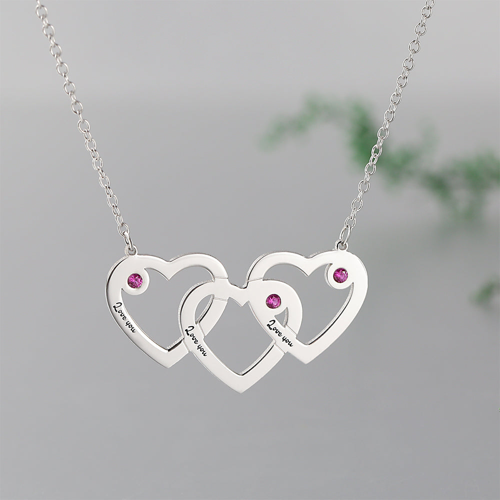 S925 Silver Custom Triple Heart Engraved Name Necklace With Three Birthstones