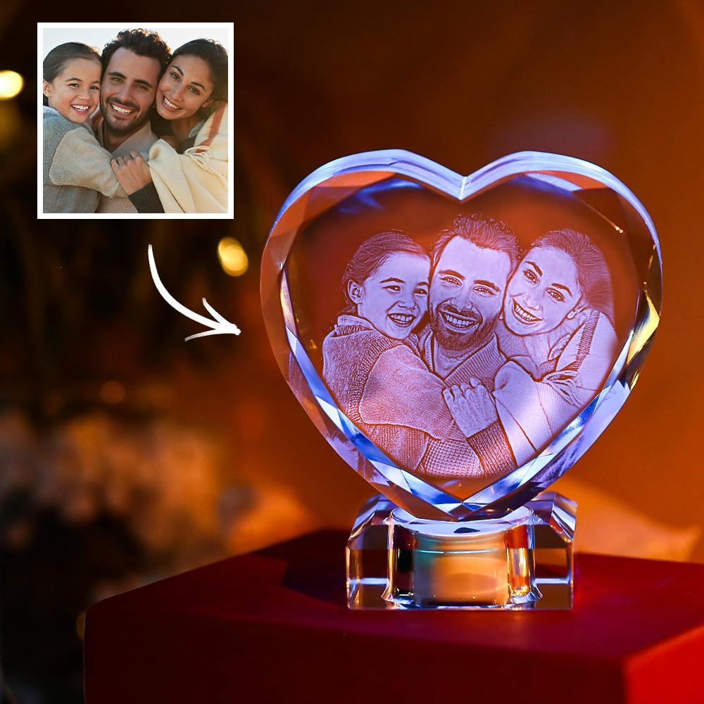 3D Laser Engraved Heart Crystal Photo Frame with Light Up LED Base