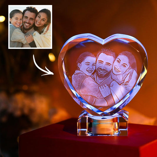 3D Laser Engraved Heart Crystal Photo Frame with Light Up LED Base