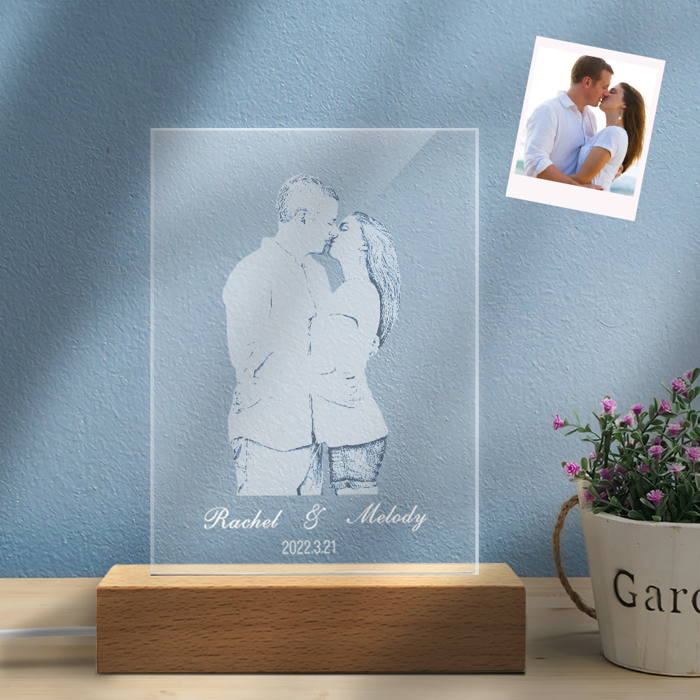 Personalized 2D Carved Photo Night Light Custom Glass Led Night Lamp for Couple