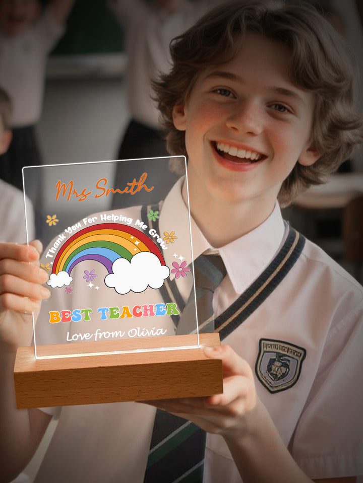 Custom Name Back to School Transparent Night Light with Rainbow Design White Light Teacher's Day Gift