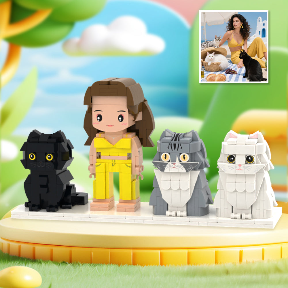 Custom Full-Body Cute Brick Figures of 1 Person and 3 Cats Personalized Anniversary Gift Birthday Gift