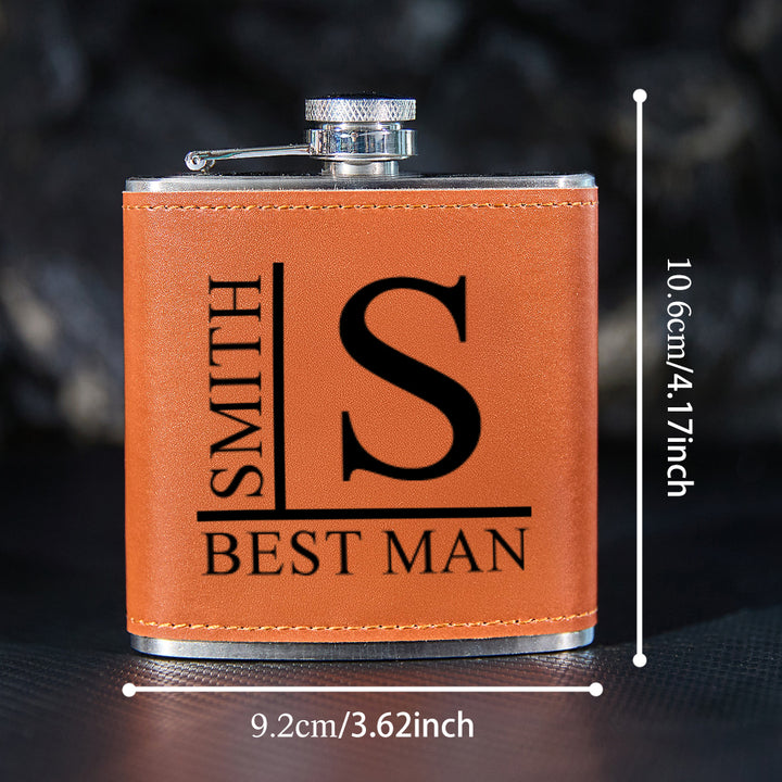 Personalized Name PU Leather Flask Stainless Steel 6oz Whiskey Flask Gift for Men