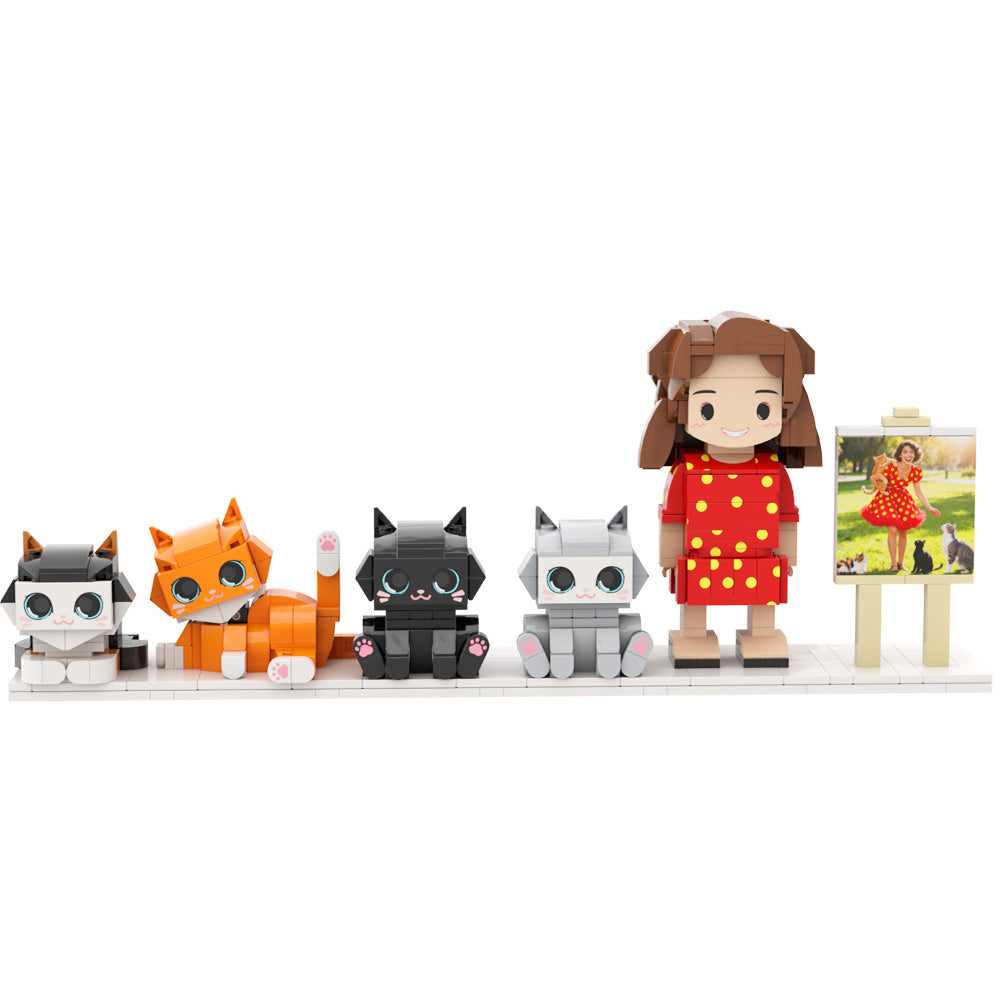 Custom Full-Body Cute Brick Figures of 1 Person and 4 Cats with Frame Personalized Anniversary Gift Birthday Gift