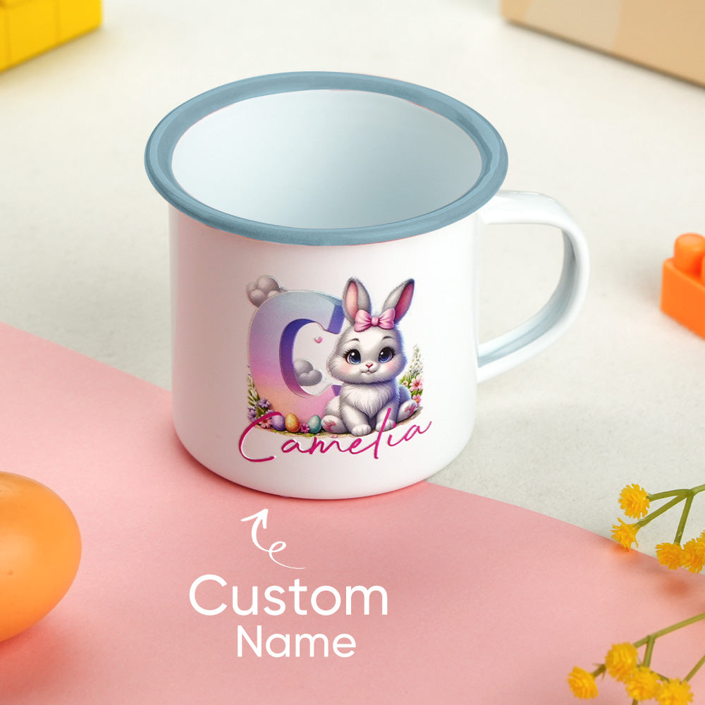 Personalized Easter Bunny Enamel Mug with Name Gradient Initial 12oz Cup Easter Gift for Kids