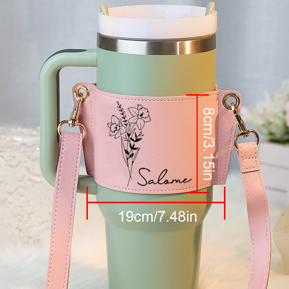 Personalized Birth Flower Water Bottle Carrier Bag for 40oz Stanley Tumbler Adjustable Strap Gift for Women