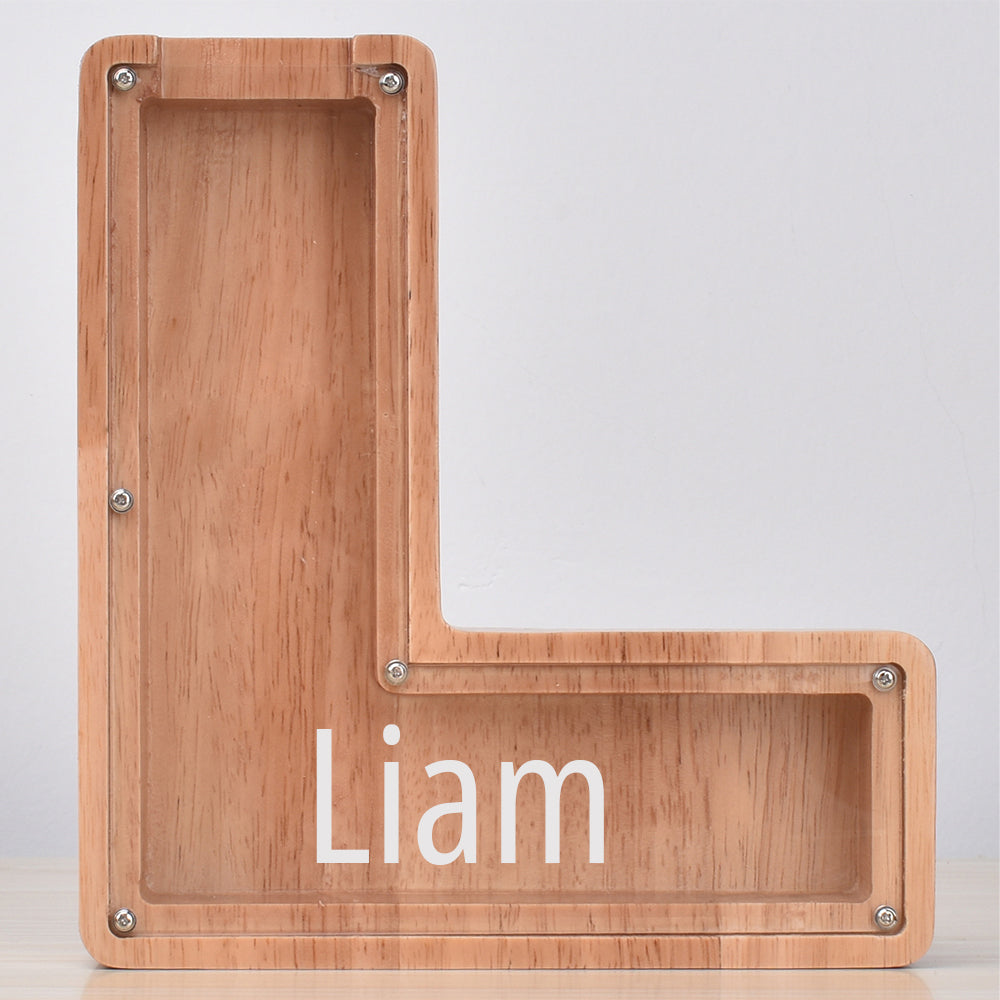 Custom Engraved Name Oak Wooden Letter Piggy Bank