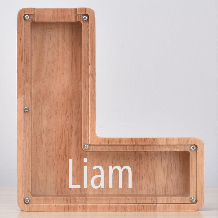 Custom Engraved Name Oak Wooden Letter Piggy Bank