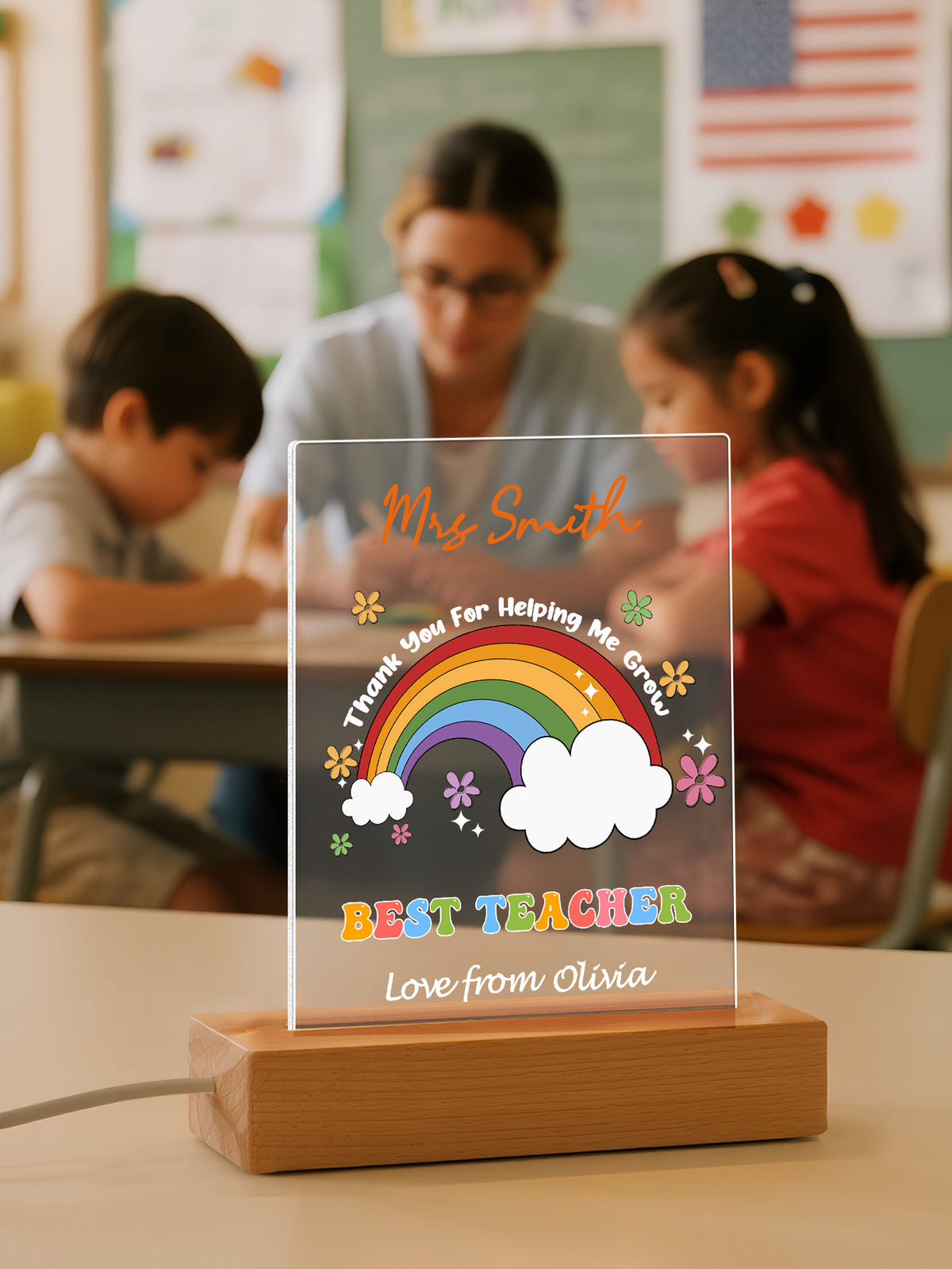 Custom Name Back to School Transparent Night Light with Rainbow Design White Light Teacher's Day Gift