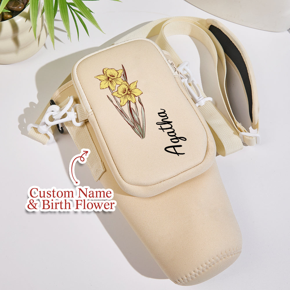 Personalized Birth Flower Waterproof Bottle Carrier Bag with Removable Pouch for 40oz Stanley Tumbler Gift for Women