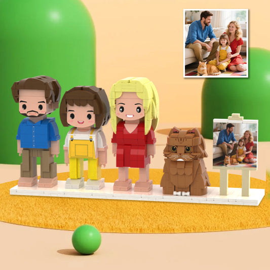Custom Full-Body Cute Brick Figures of 3 People and 1 Cat with Frame Personalized Anniversary Gift Birthday Gift