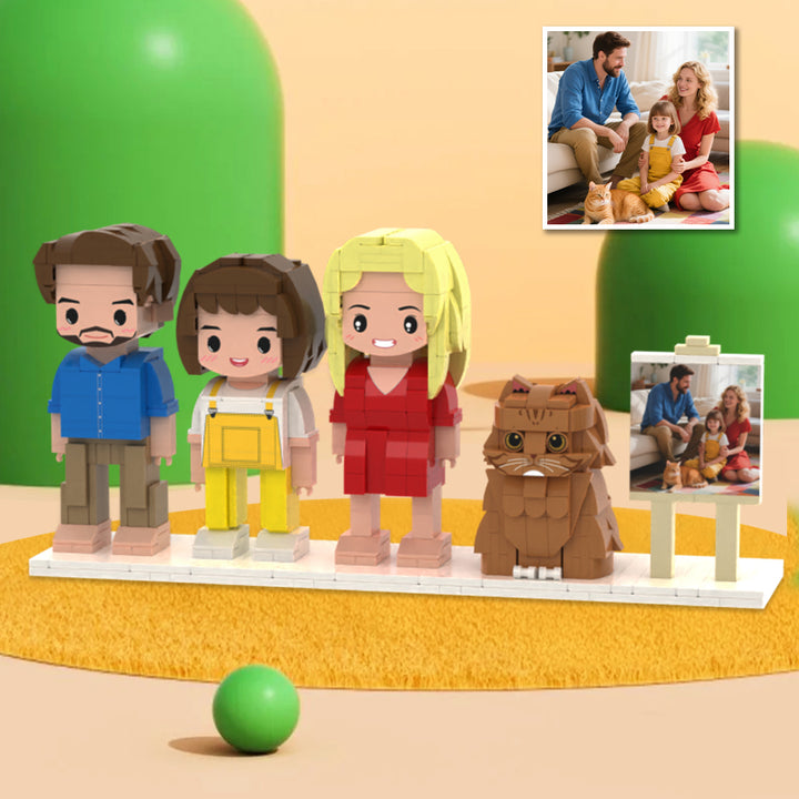 Custom Full-Body Cute Brick Figures of 3 People and 1 Cat with Frame Personalized Anniversary Gift Birthday Gift