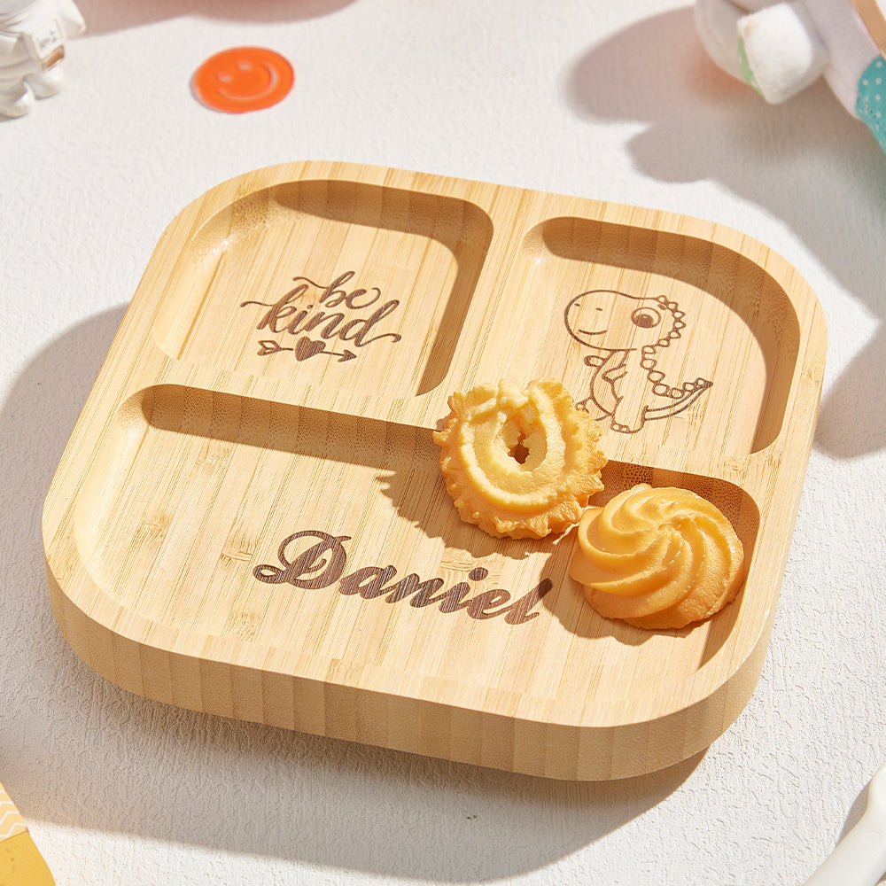Personalized Square Bamboo Suction Plates with Name Baby Cutlery Gift for Kids