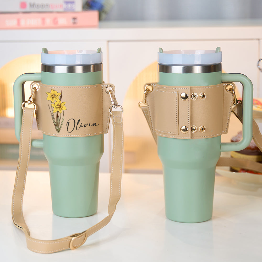 Personalized Birth Flower Water Bottle Carrier Bag for 40oz Stanley Tumbler with Adjustable Strap Gift for Her