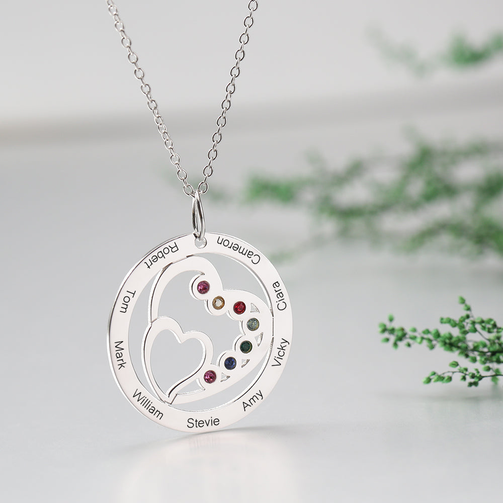 Round and Heart Engraved Necklace with Custom Birthstones