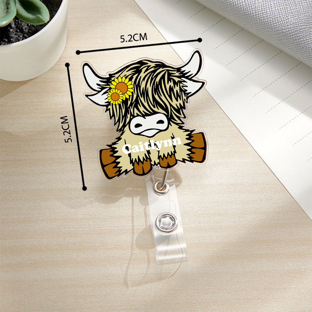 Personalized Highland Cow Badge Retractable Acrylic Badge Reel ID Clip Gift for Highland Cow Lovers