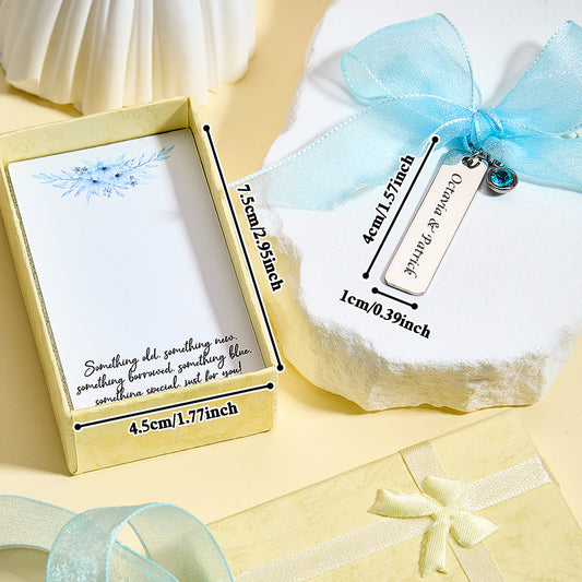 Personalized Bridal Bouquet Charm with Engraved Text and Card Something Blue Wedding Gift for Bride