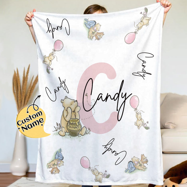 Personalized Winnie the Pooh Throw Blanket with Name Nursery Decor Birthday Baby Shower Gift for Kids