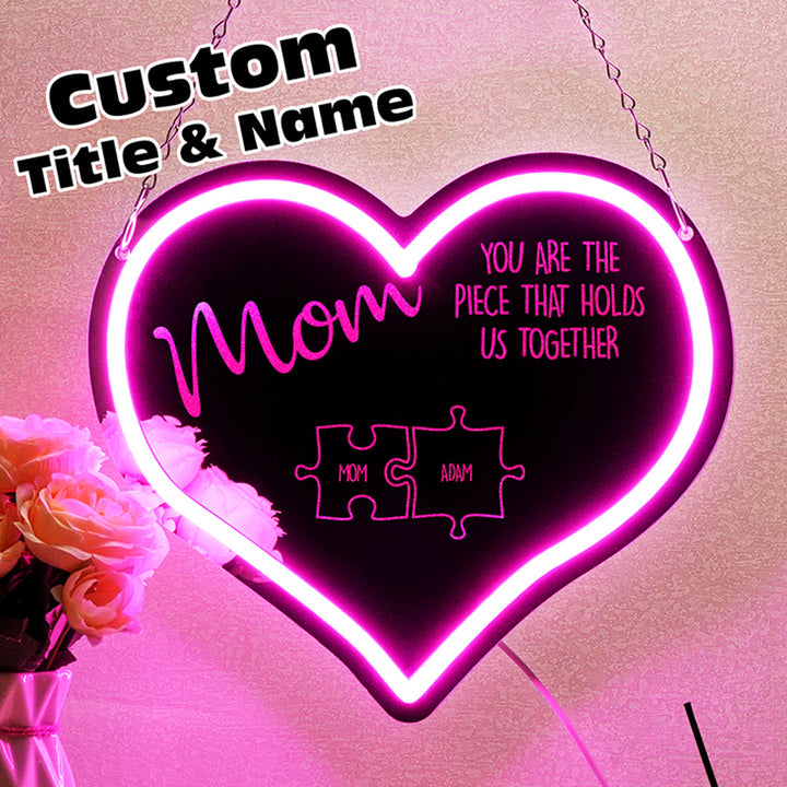 Personalized Mom You Are the Piece That Holds Us Together Neon Mirror Light Puzzle Piece Sign Mother's Day Gifts