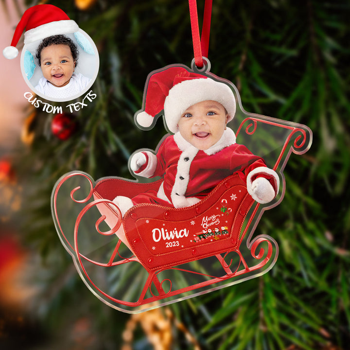 Custom Photo & Name Sleigh Acrylic Ornament – Personalized Christmas Tree Decoration