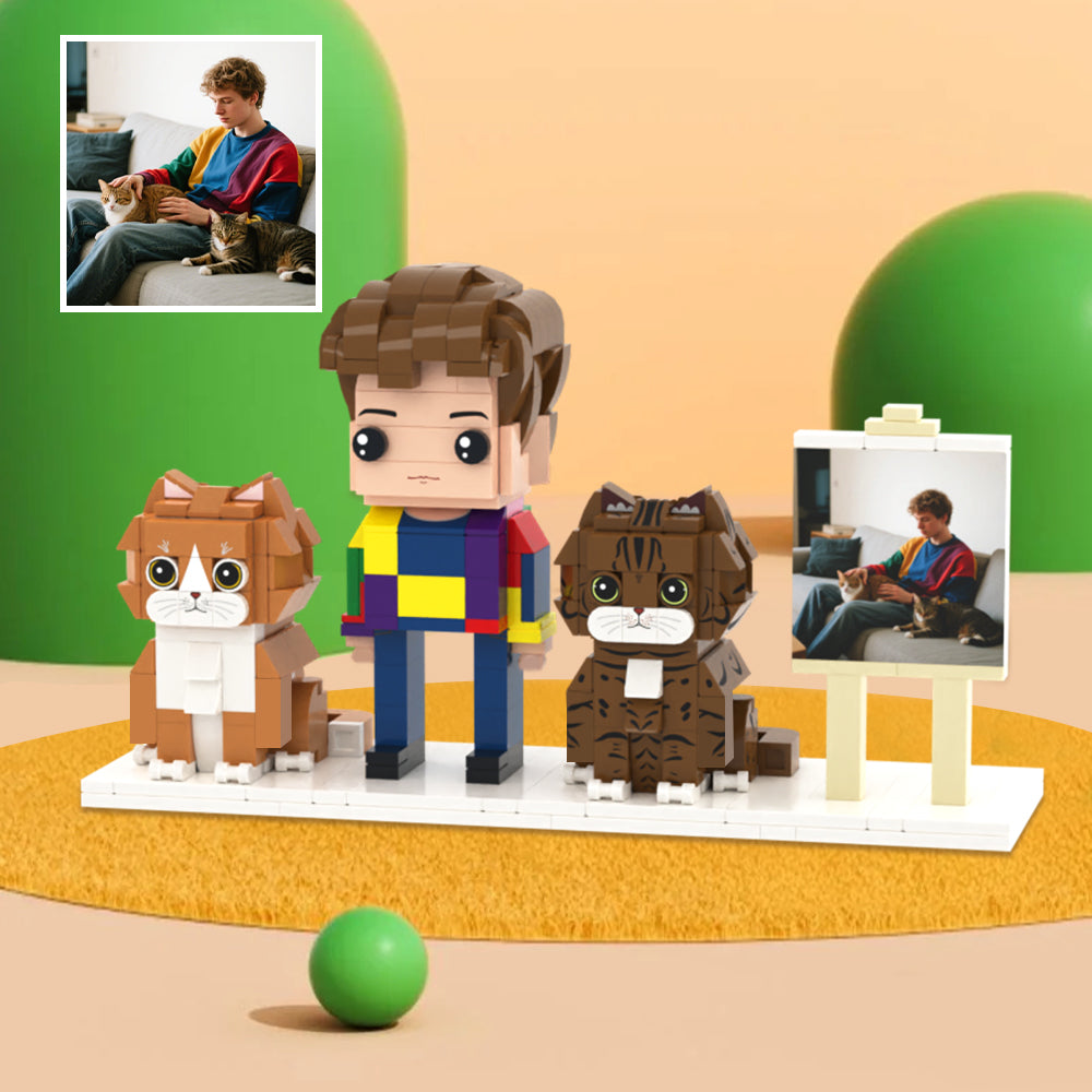 Custom Full-Body Brick Figures of 1 Person and 2 Cats with Frame Personalized Anniversary Gift Birthday Gift