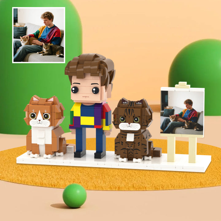 Custom Full-Body Brick Figures of 1 Person and 2 Cats with Frame Personalized Anniversary Gift Birthday Gift