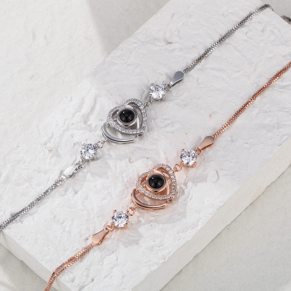 Custom Double Heart Projection Bracelet 925 Sterling Silver