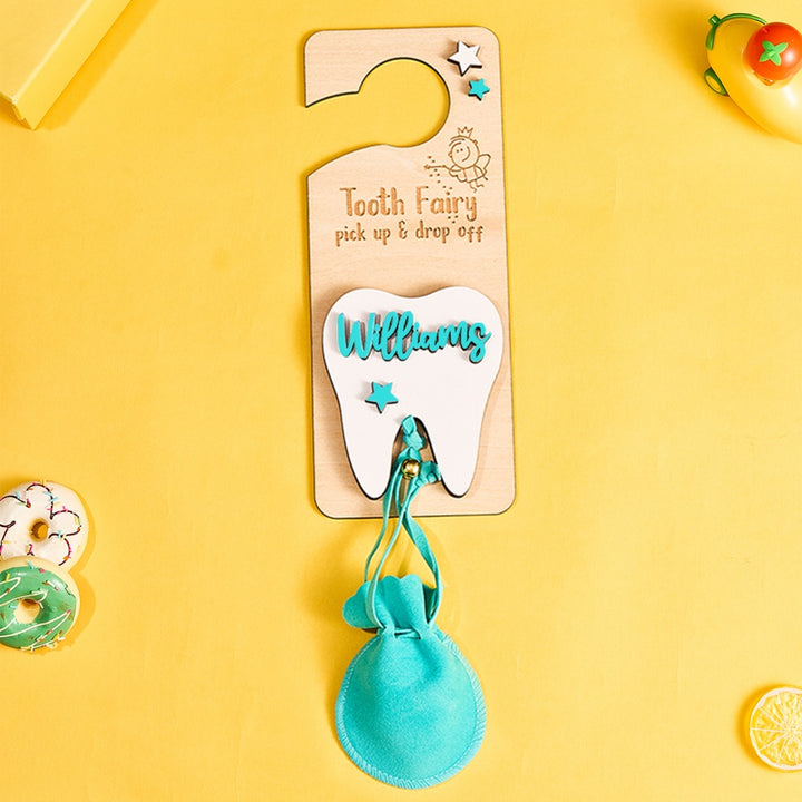Personalized Tooth Fairy Door Hanger with Money Slot and Velvet Pouch Birthday Gift for Kids