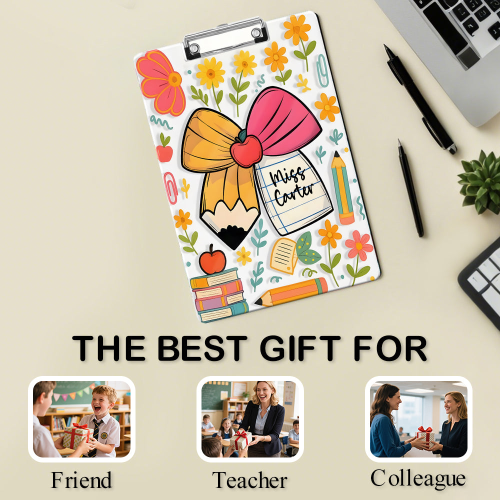 Custom Text Name Folder with Flower, Pencil & Bow Design – Teacher's Day & Back to School Gift