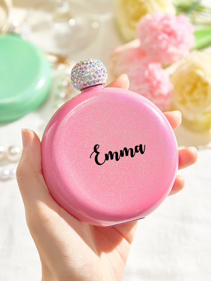 Personalized Round Flasks with Name 5oz Glitter Flask Birthday Gift for Her